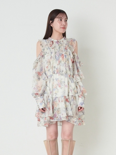 4月下旬入荷予定 プリントフリルシフォンミニワンピース