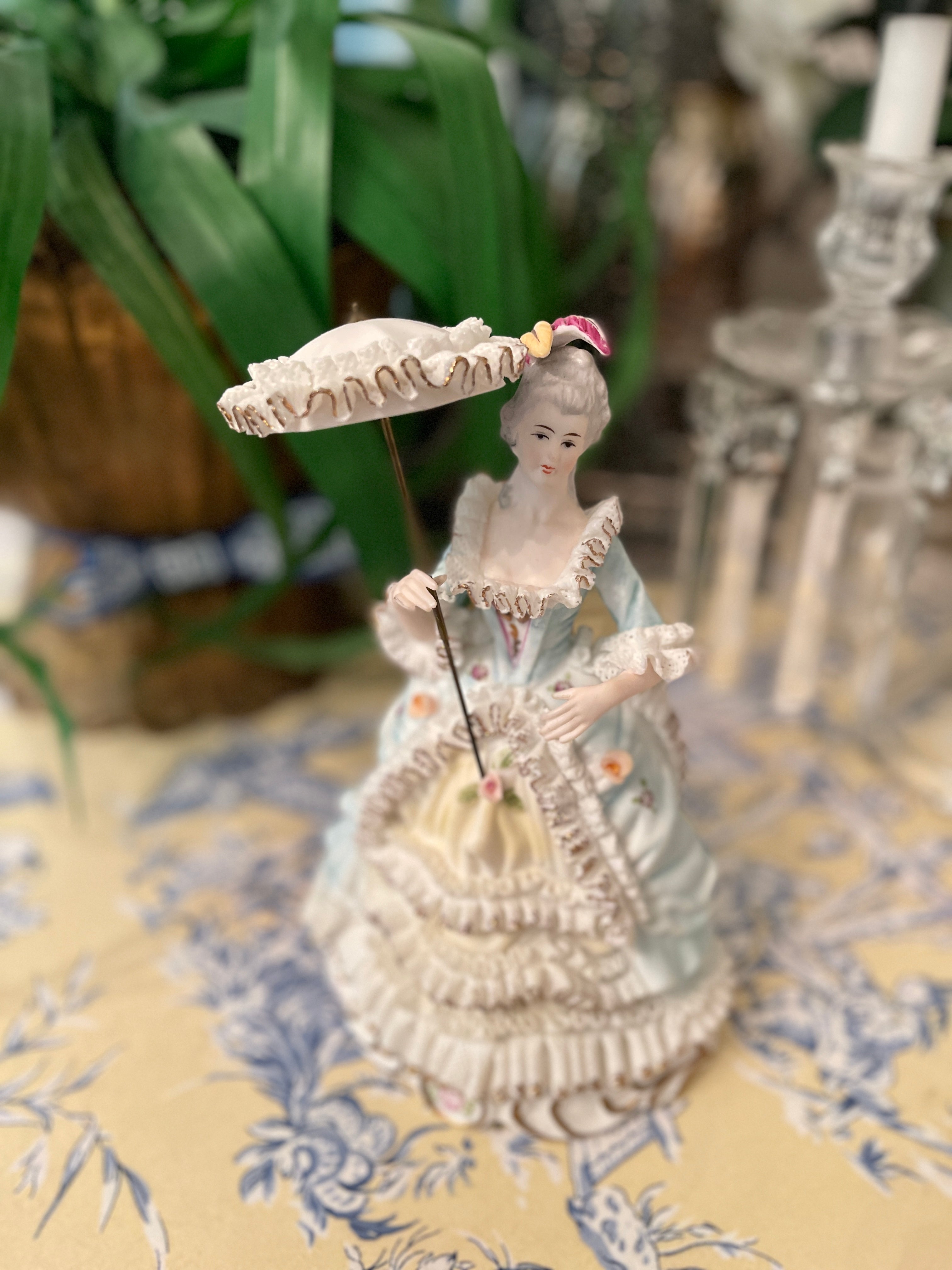 Victorian Statuette with Parasol, French Blue and White Dresden