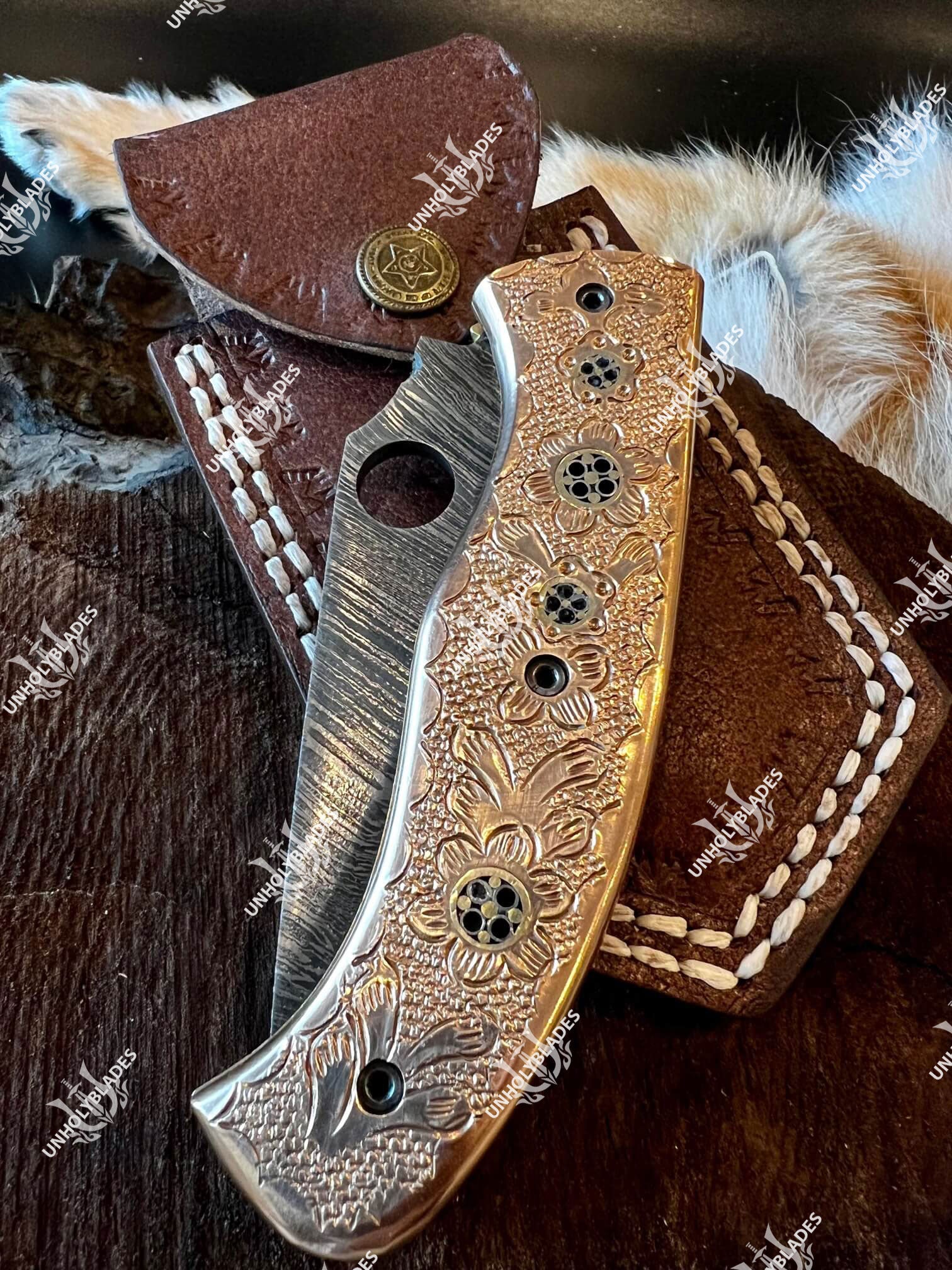 Custom Folding Knife with Copper Mosaic Pins