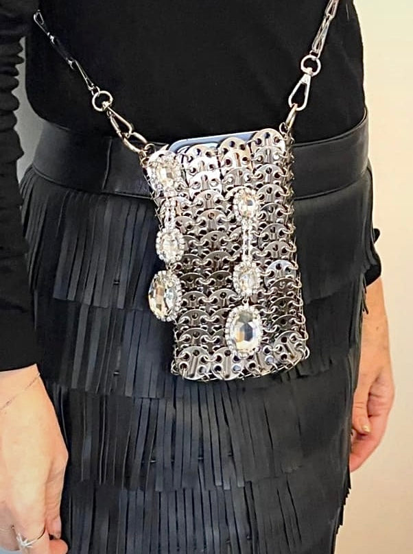 Micro Metal Phone Holder Bag Removable Crystal Brooches Style Paco