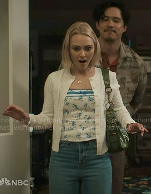 WornOnTV: Alice's blue floral top with ribbon bow on Grosse Pointe