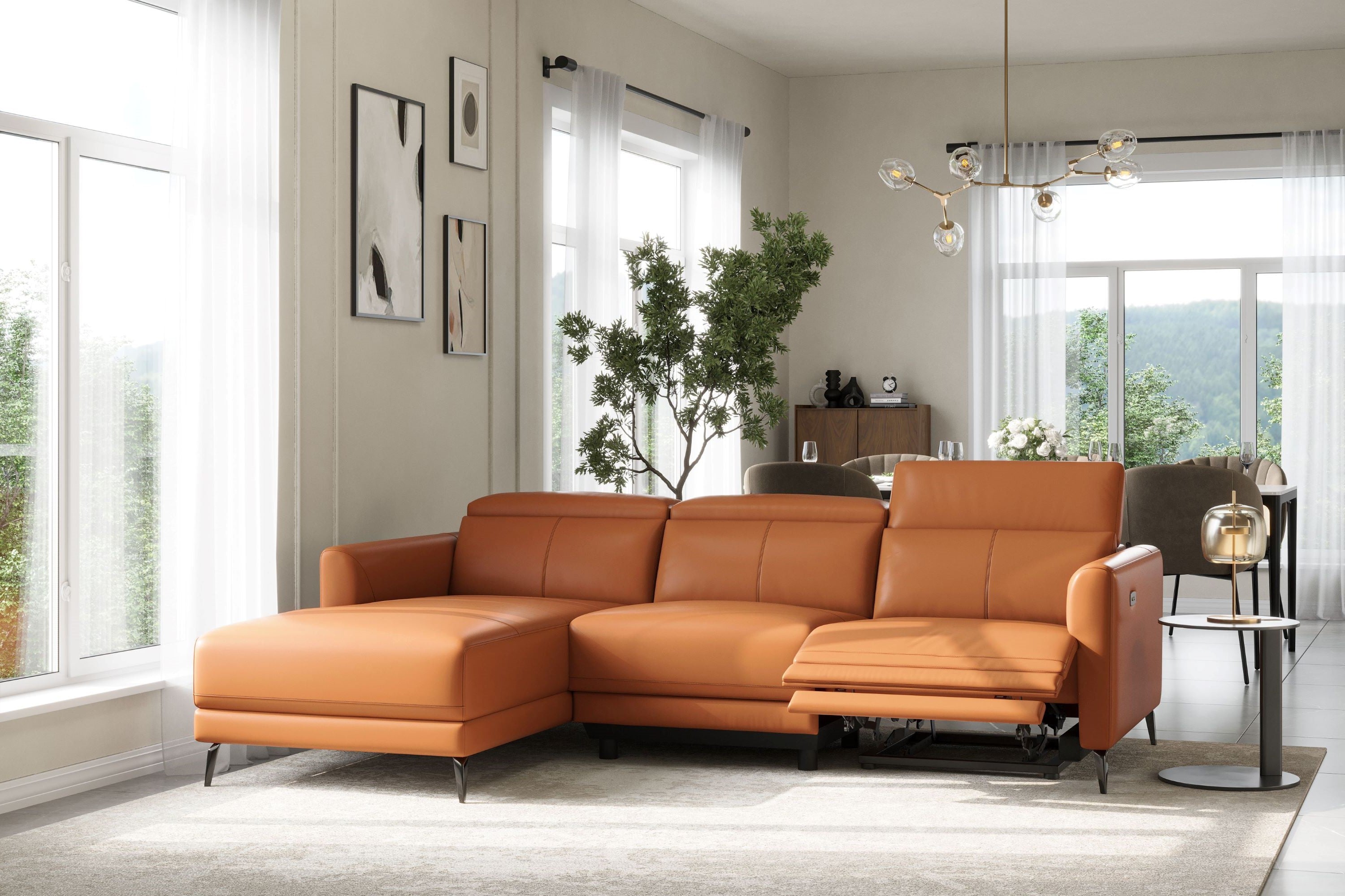 Valencia Andria Cognac Leather Reclining Sectional Sofa | Modern