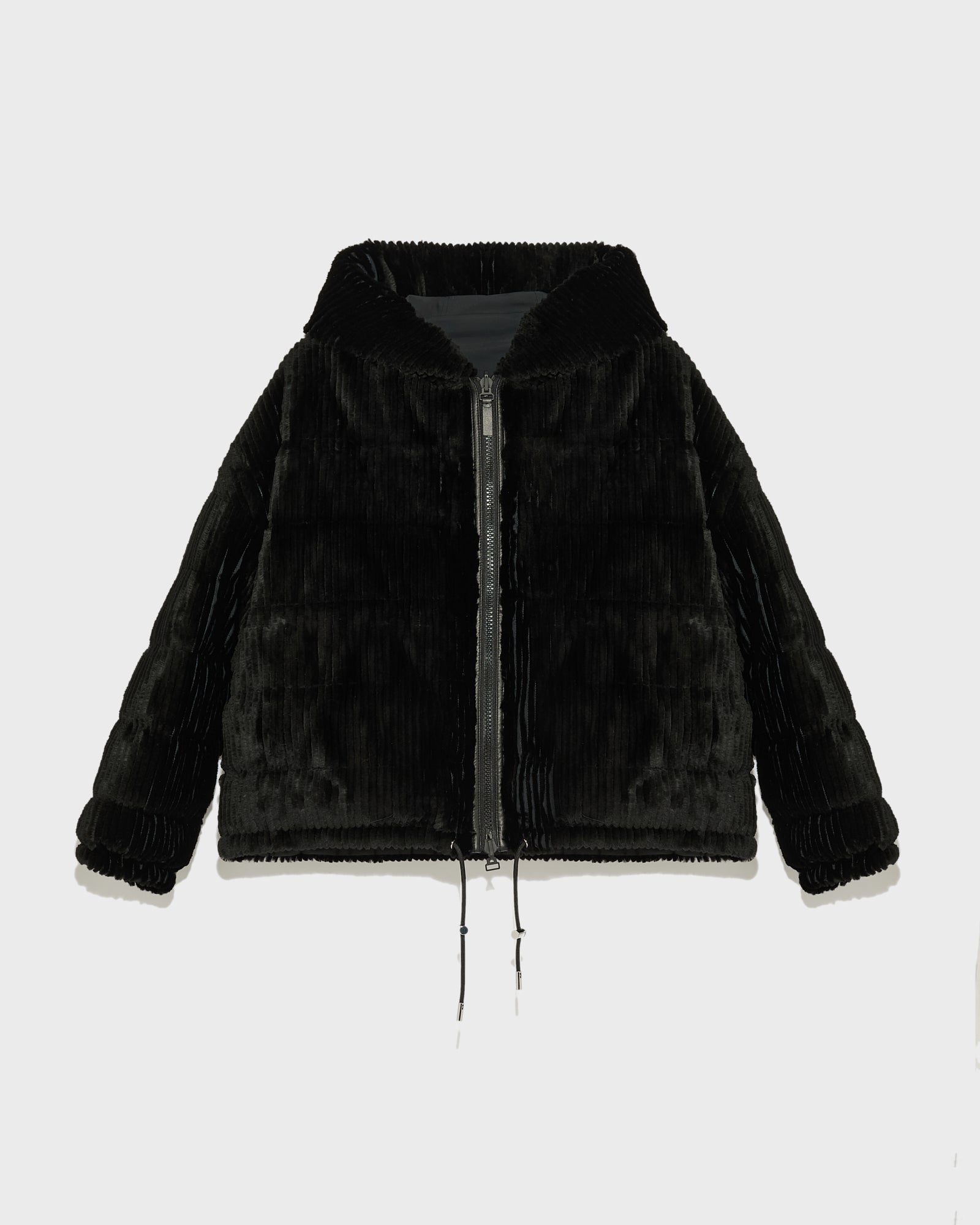 Short hooded down jacket in technical fabric reversible ribbed rex