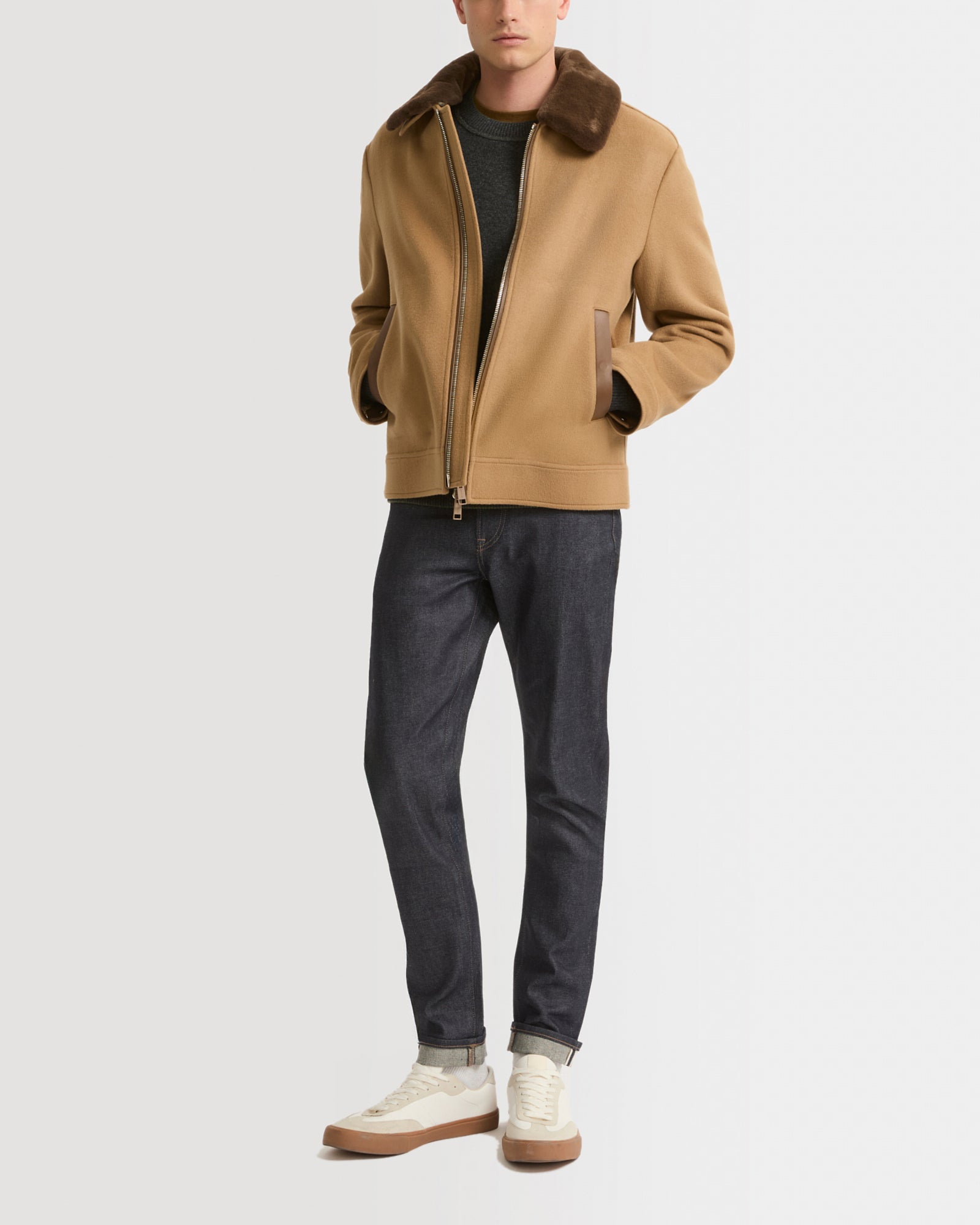 Zipped jacket in cashmere with mink collar - camel - Winter sale