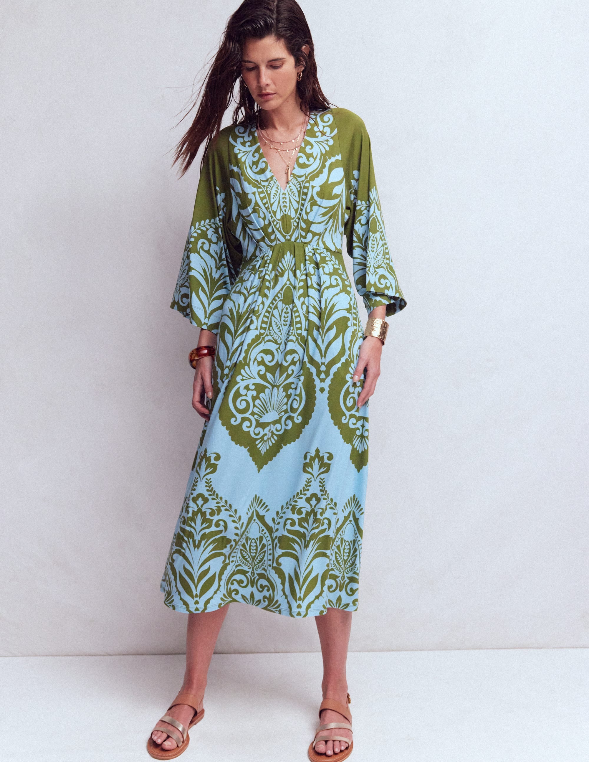 Nell Kimono Midi Jersey Dress-Olive, Ornamental Garden | Boden USA