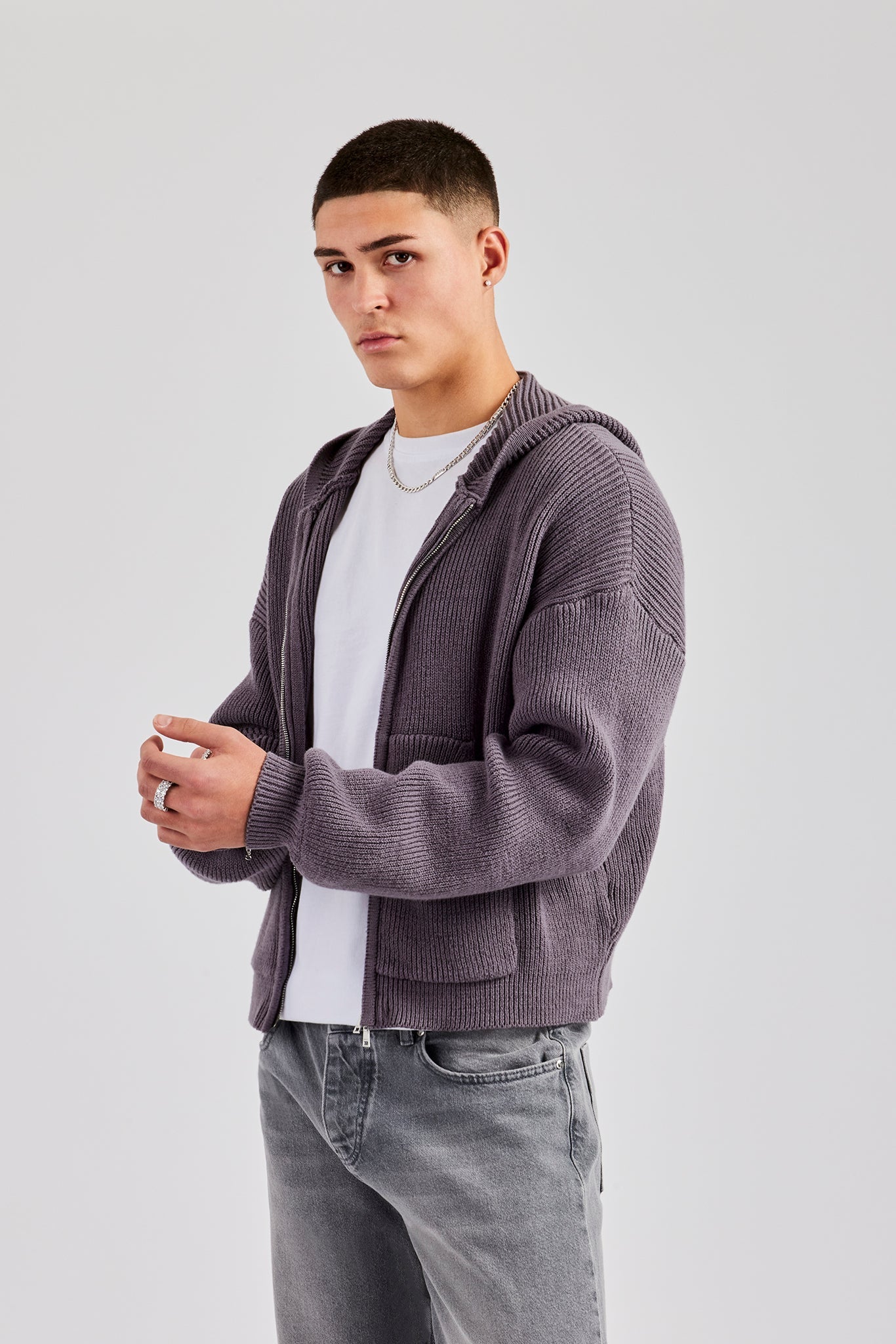 Dual Ended Knitted Zip Hoodie - Charcoal | Mens Knitwear | Shop