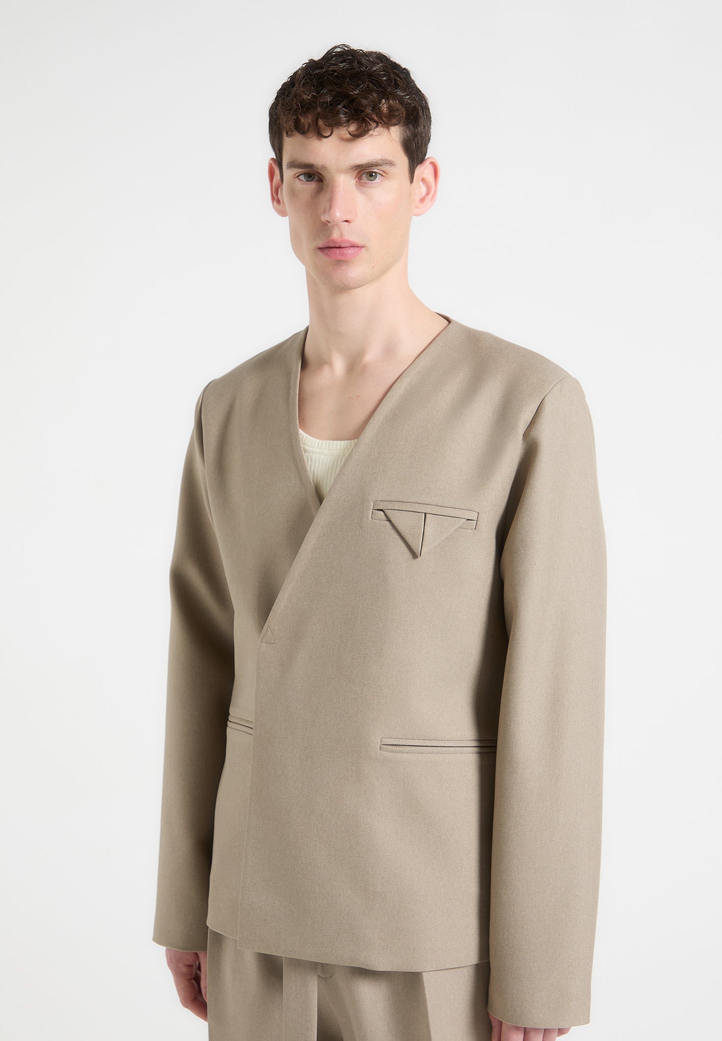 Colin - Collarless Double Breasted Minimal Blazer - Beige