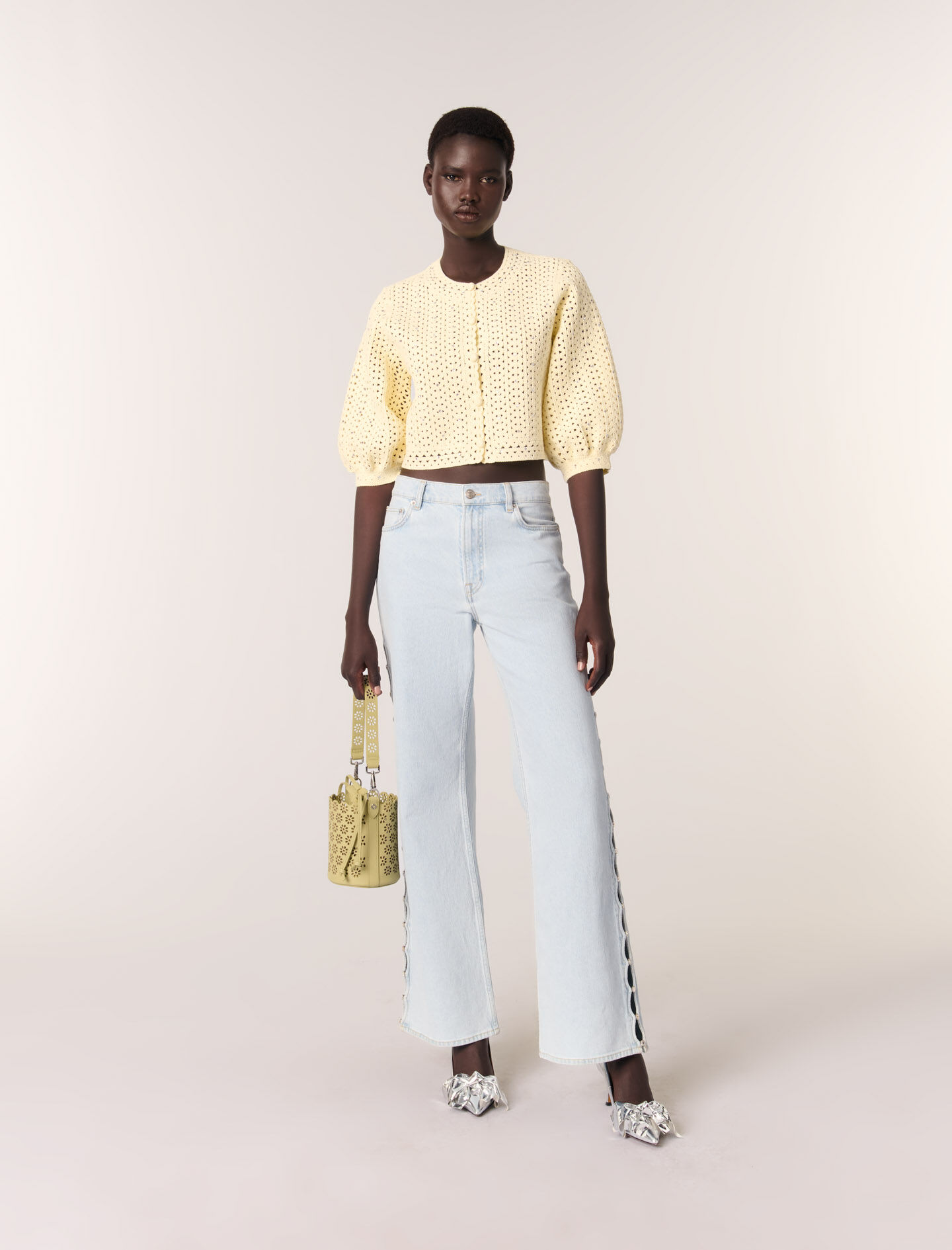 Cropped rhinestone crochet cardigan Yellow / Orange For Women | Maje