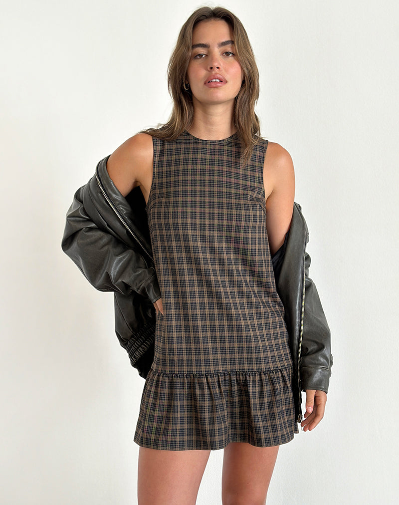 Brown Check Print Sleeveless Babydoll Mini Dress | Samana