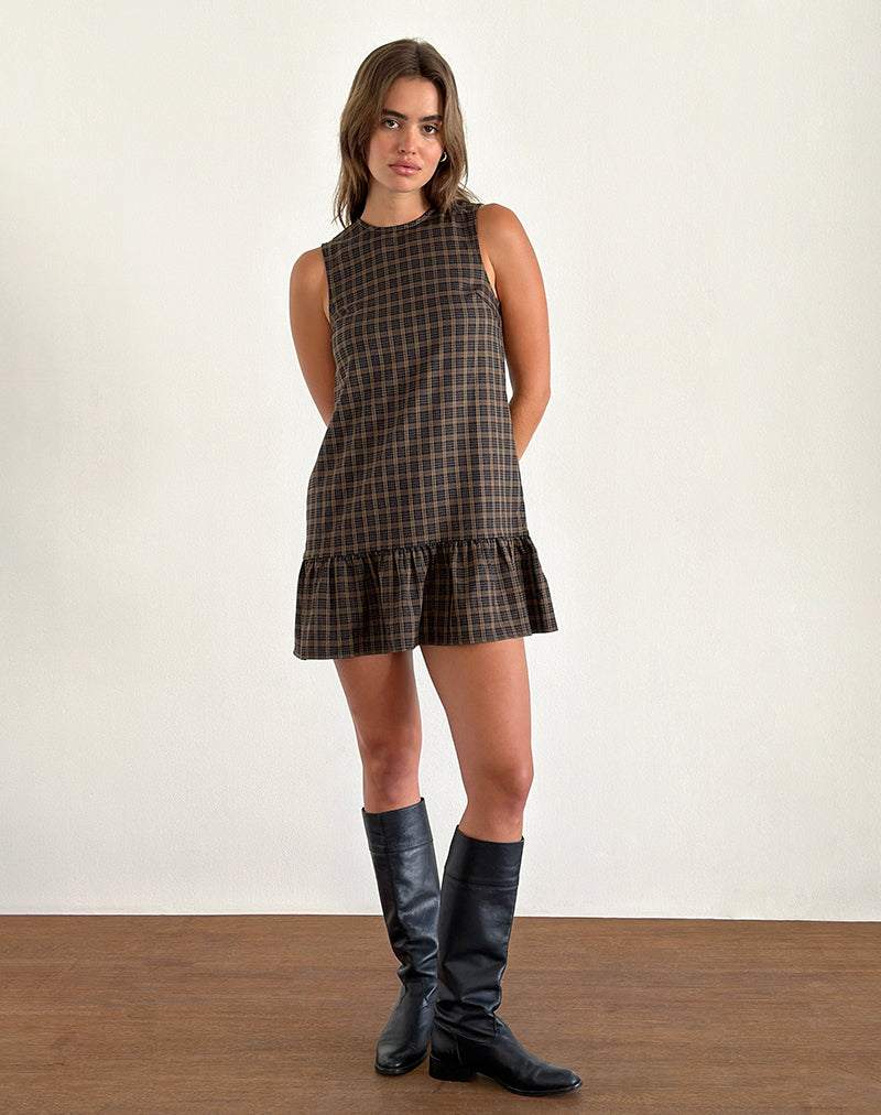 Brown Check Print Sleeveless Babydoll Mini Dress | Samana