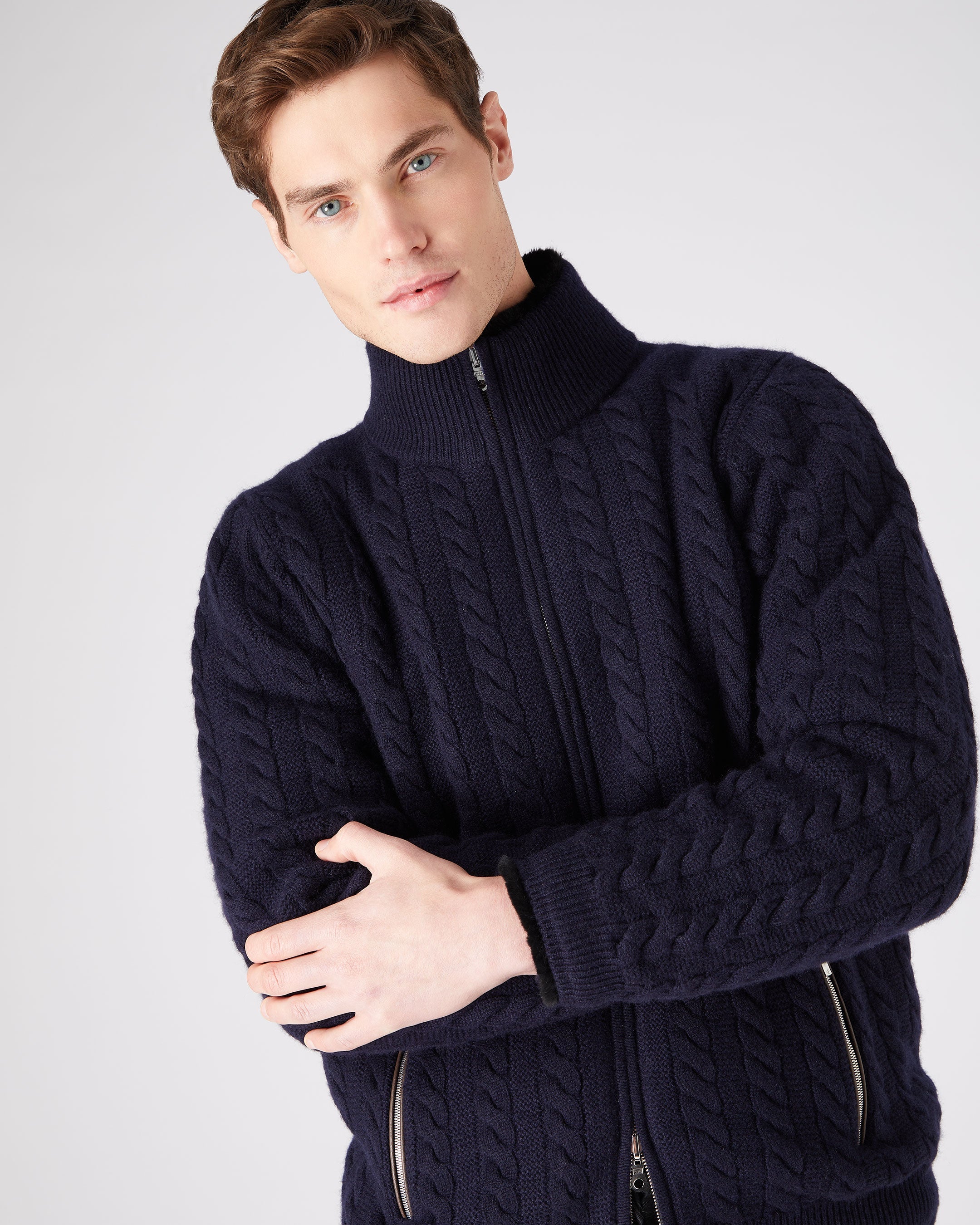 Men's Aspen Cable Fur Cardigan Navy Blue | N.Peal