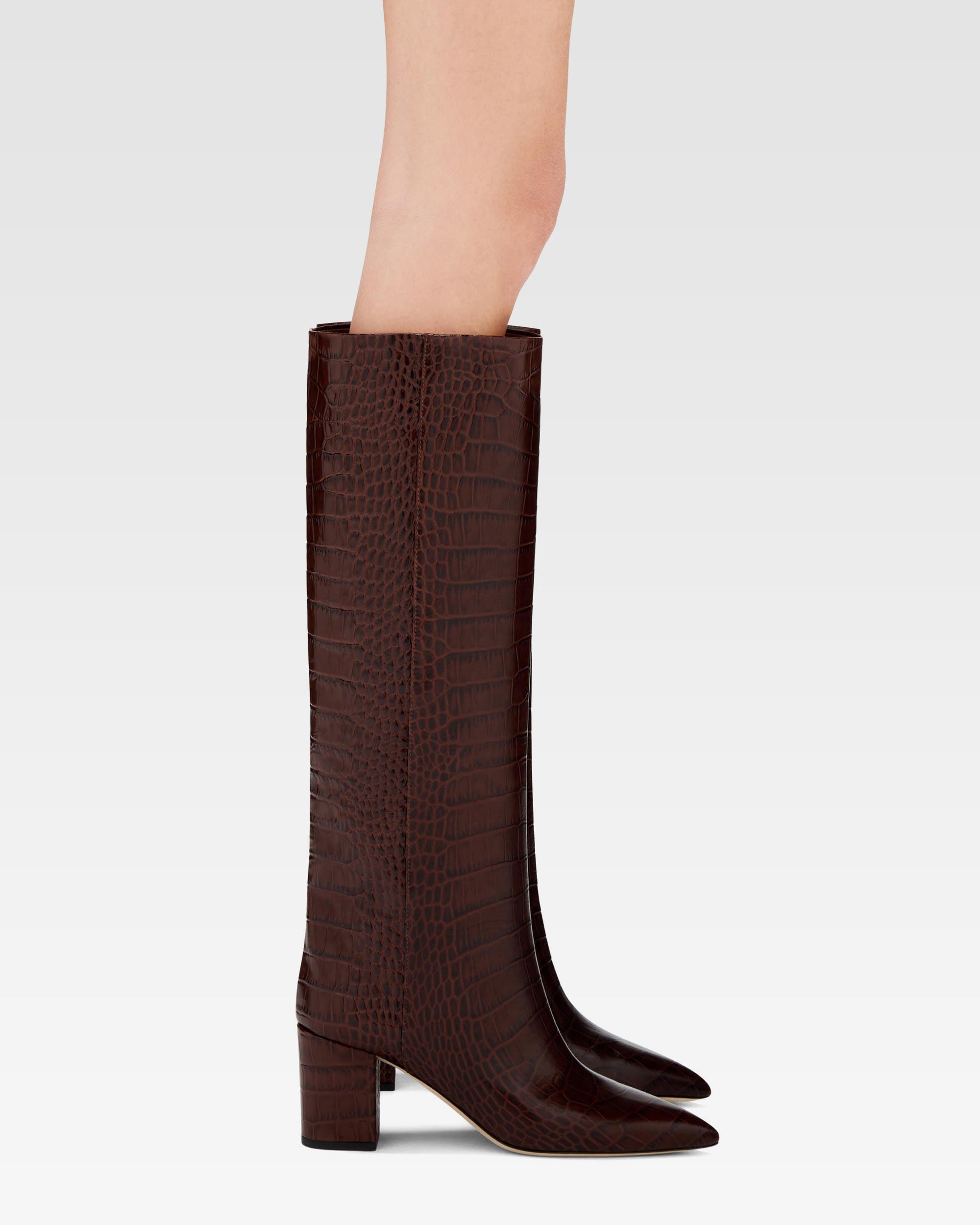 Chocolate brown croc-effect leather heel 70 boots - Paris Texas