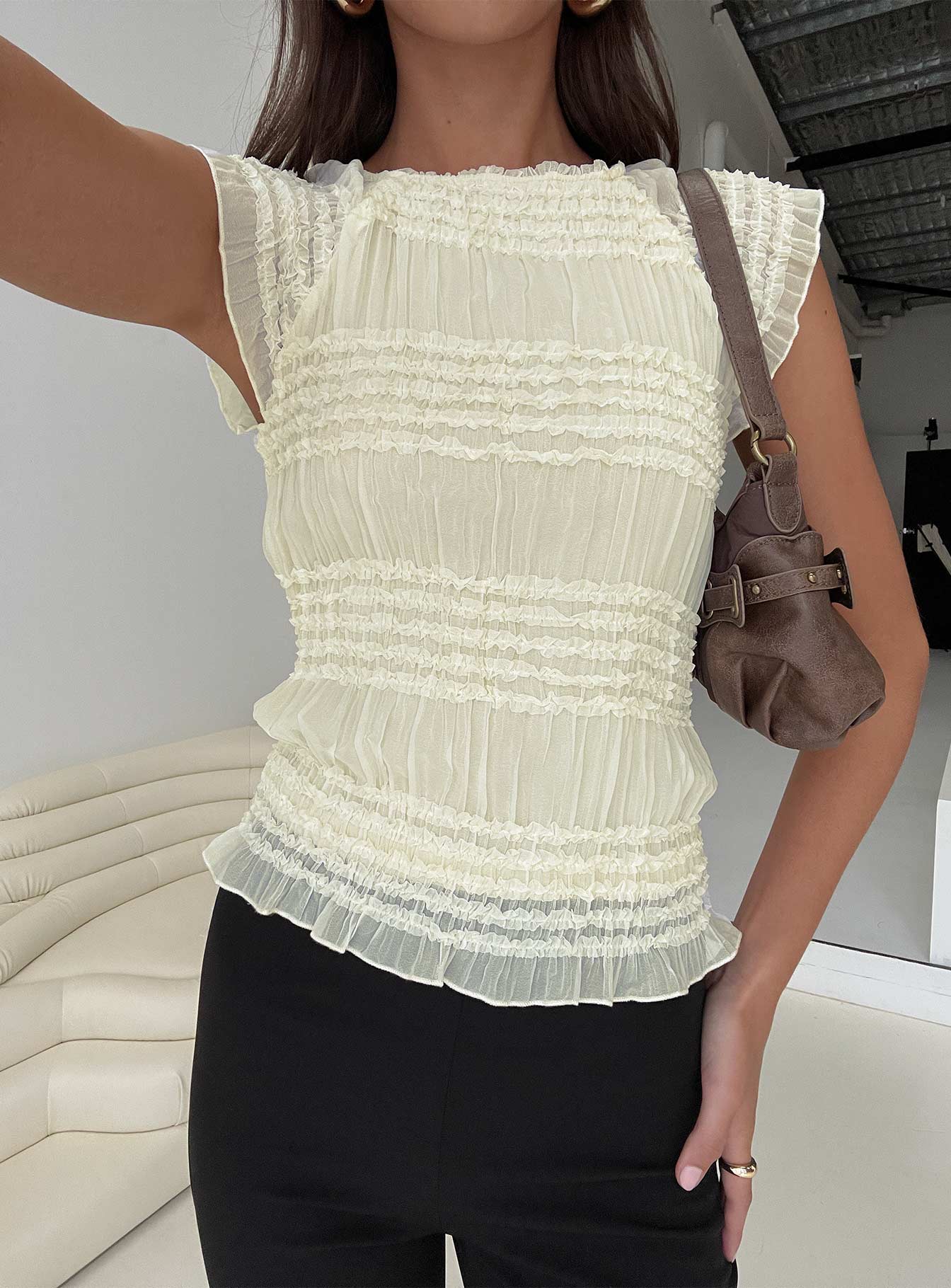 Talyn Cap Sleeve Frill Top Cream | Princess Polly