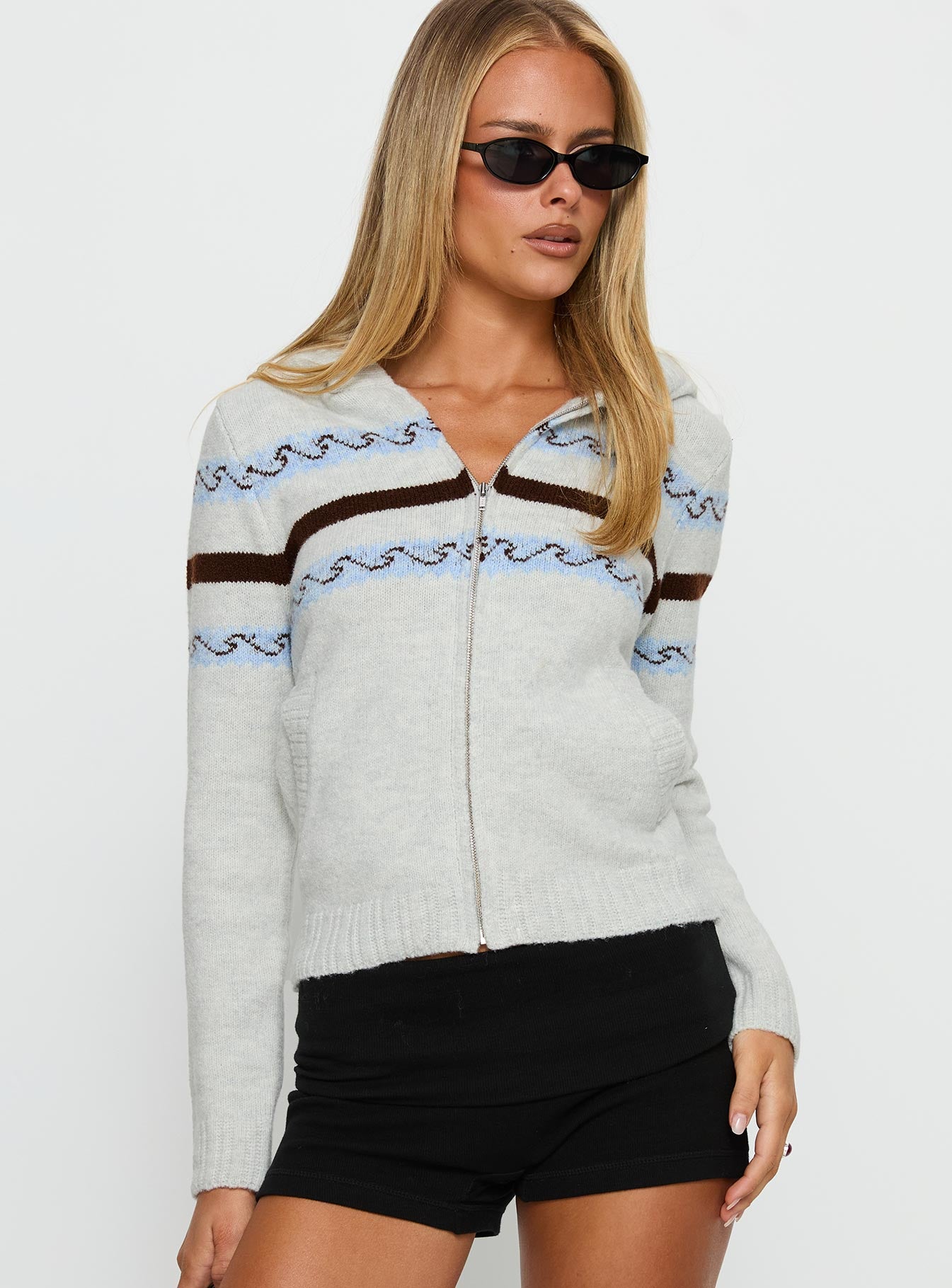 Zaylina Graphic Zip Through Knit Sweater Grey | Princess Polly