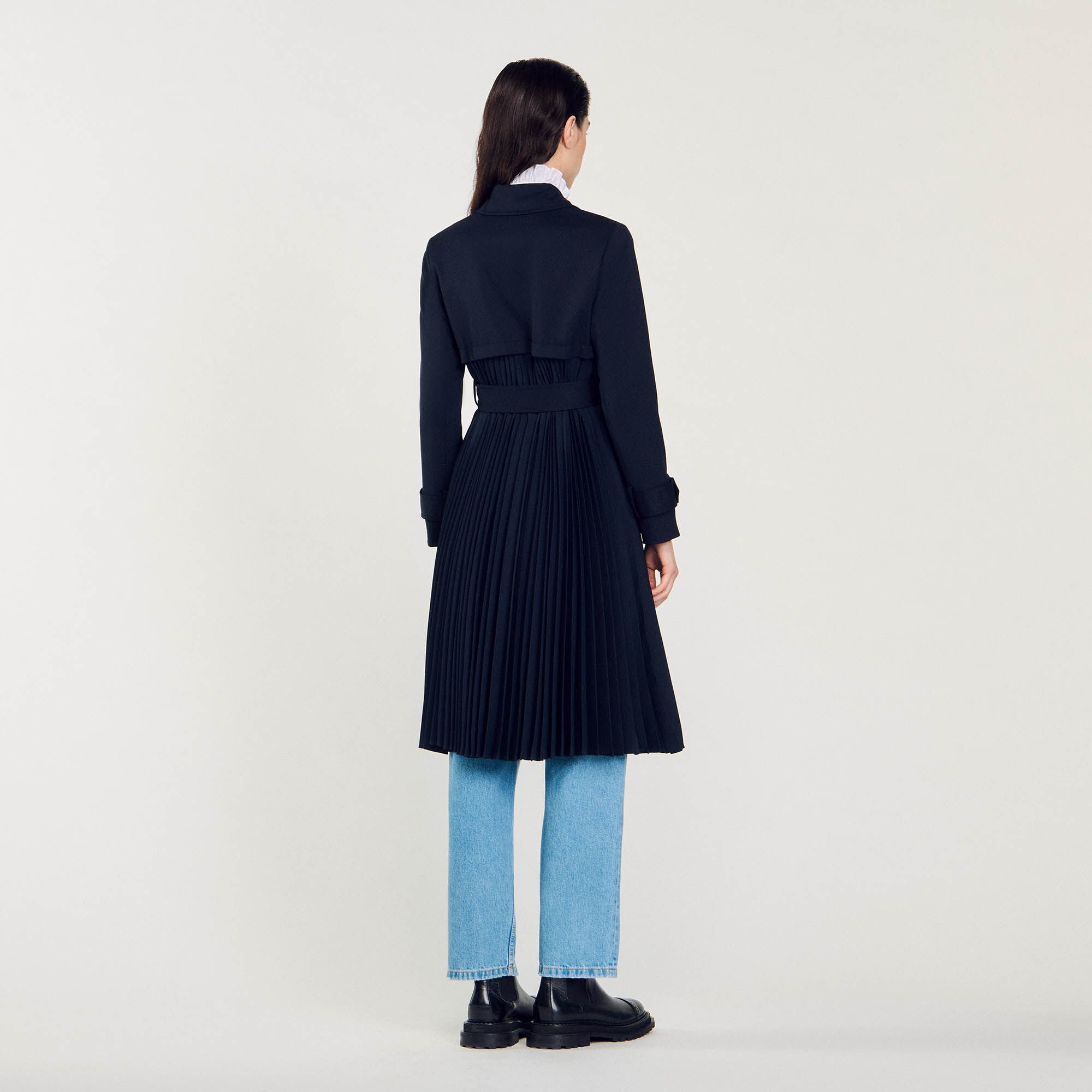 Trench coat with pleated inset in Navy Blue for Women | Sandro Paris