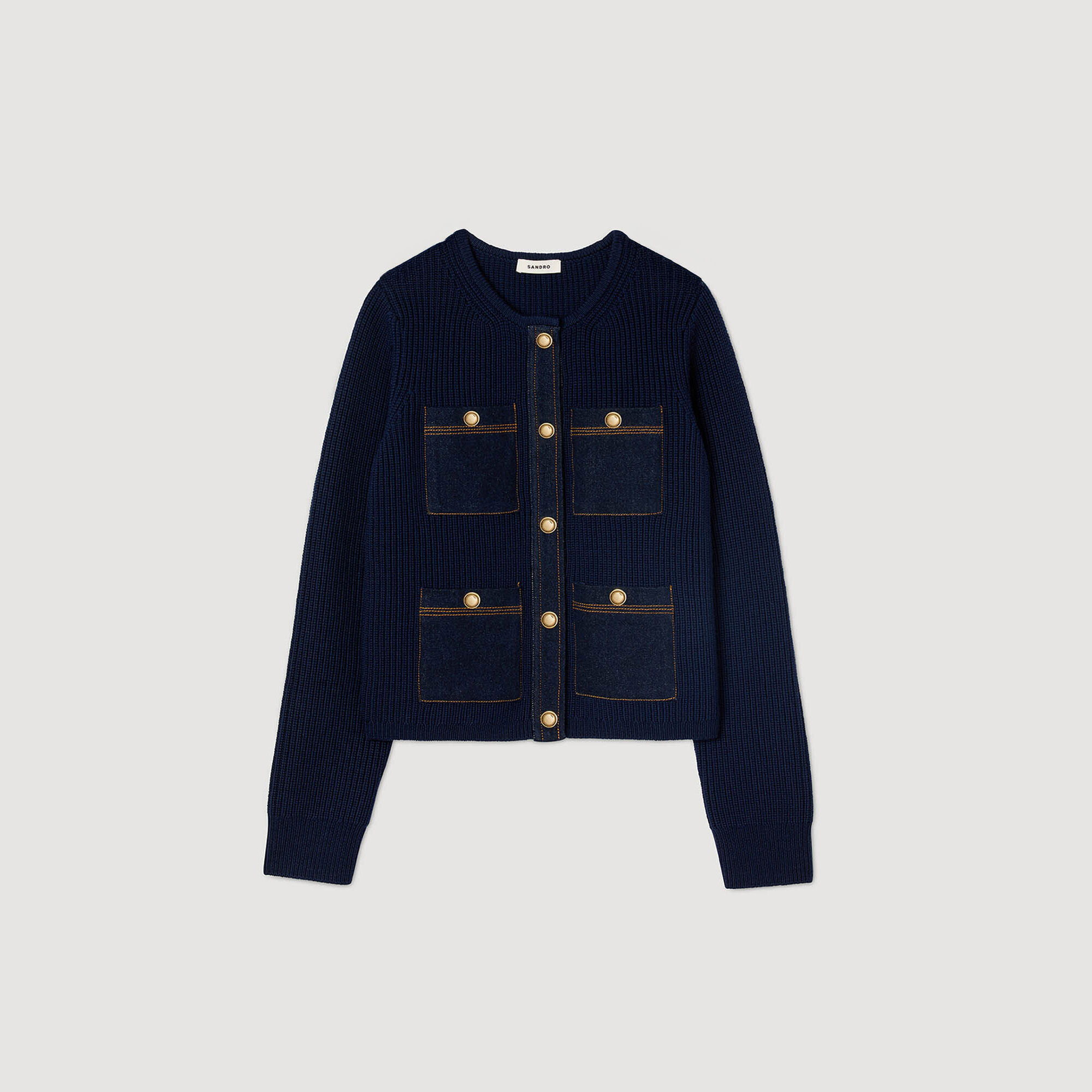 Denim detail rib knit cardigan in Navy Blue for Women | Sandro Paris