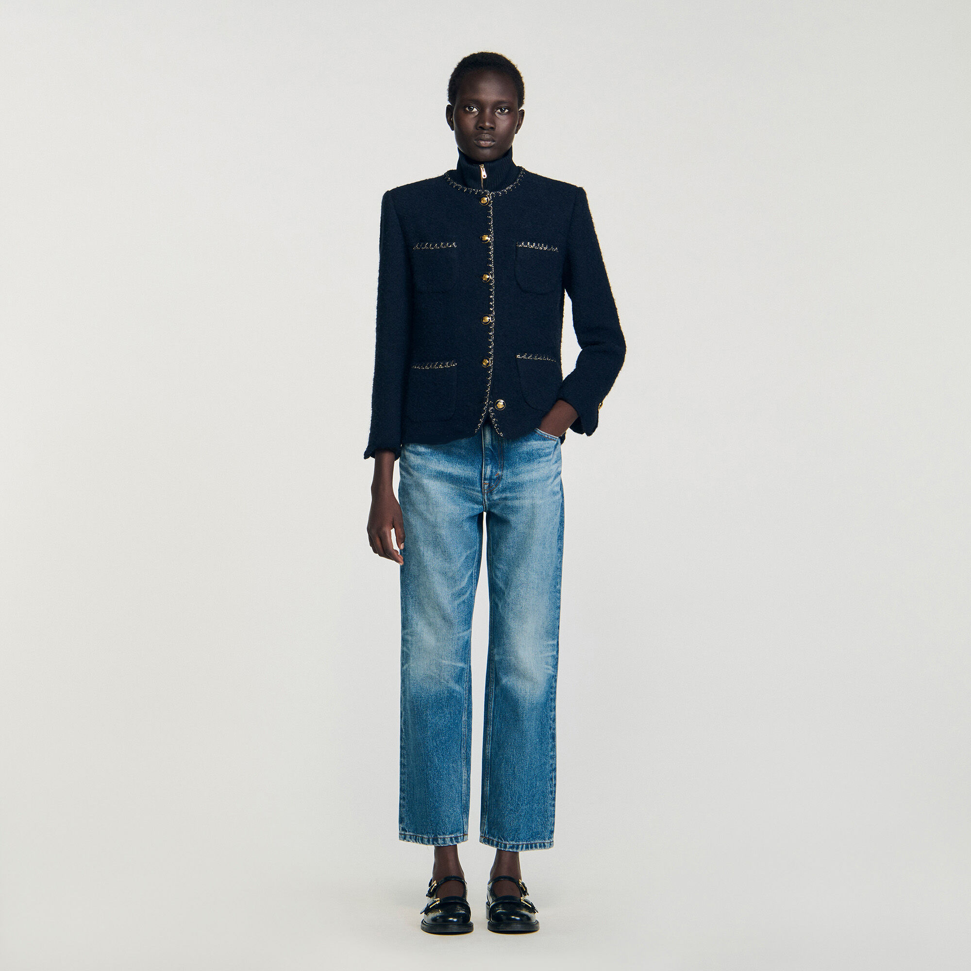 Tweed jacket with removable collar in Navy Blue for Women | Sandro