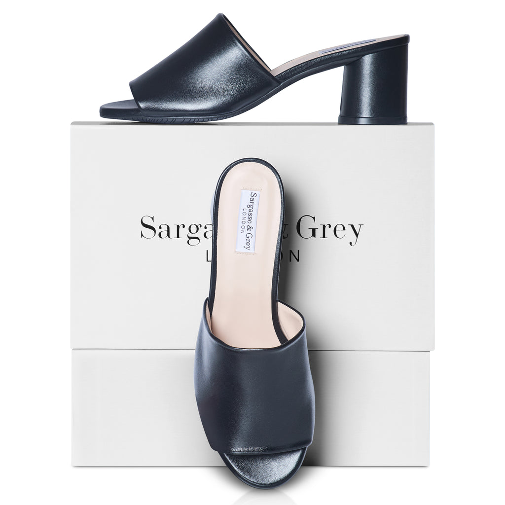 Extra-wide Width Black Leather Heeled Mules – Sargasso and Grey USA