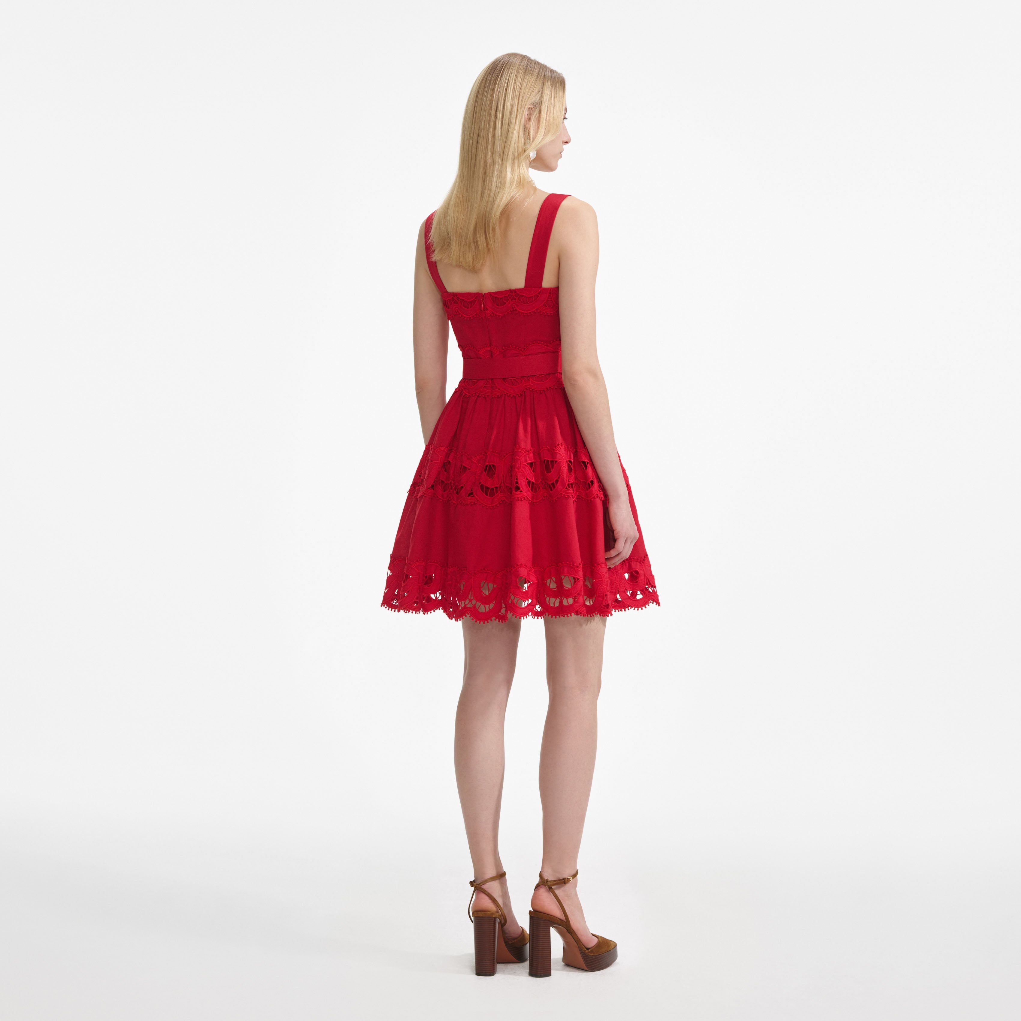Red Linen Lace Insert Mini Dress – self-portrait-US