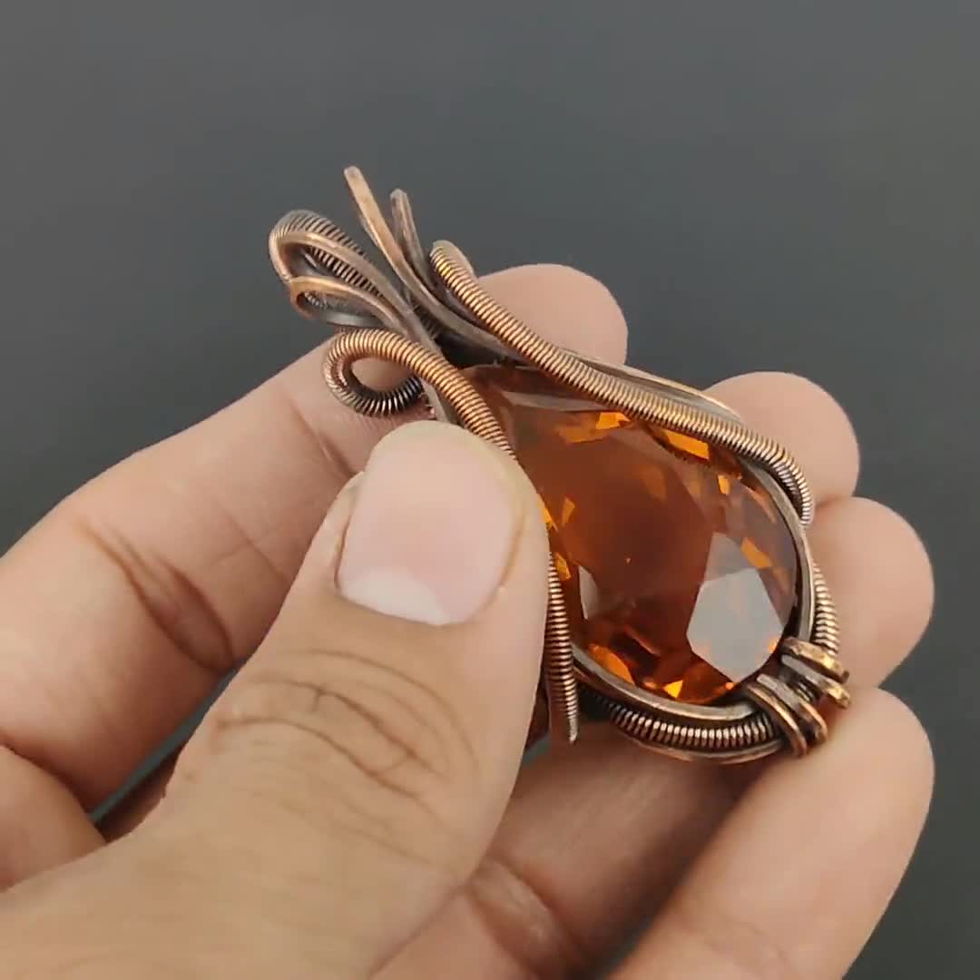 シトリンペンダント、純銅線で巻かれたペンダント、シトリン宝石