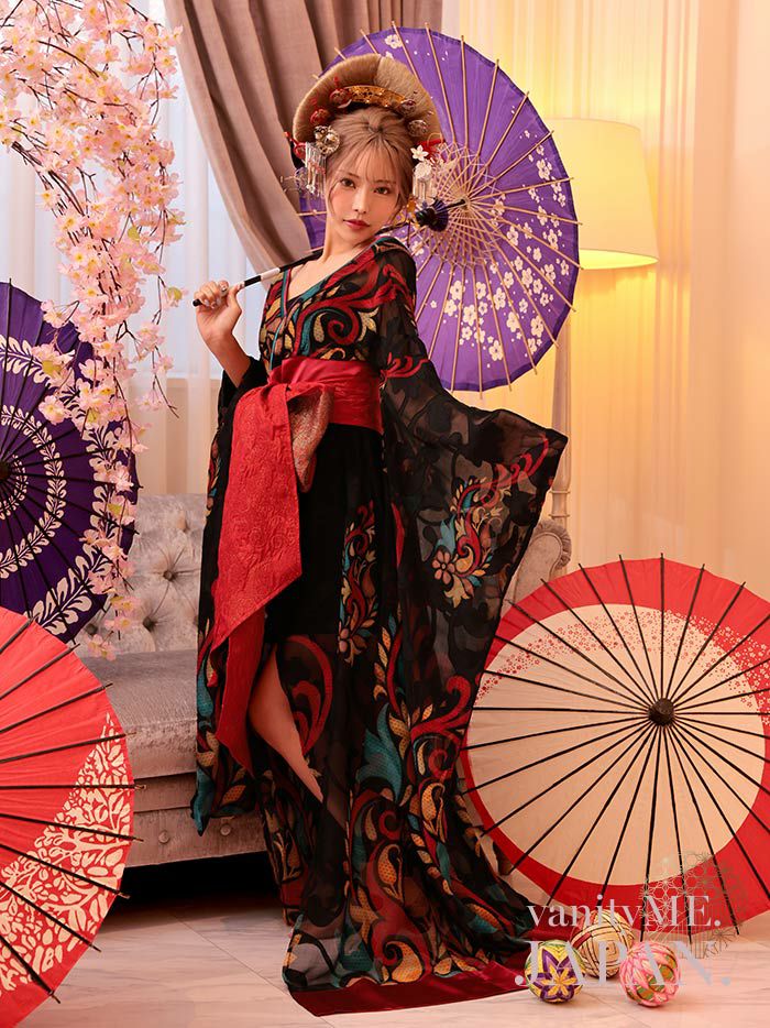 2点セット】 漆黒花魁 花魁コスチューム モダン柄 遊女 和柄 本格和装