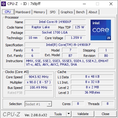Intel Core i9 14900KF @ 9043.92 MHz - CPU-Z VALIDATOR