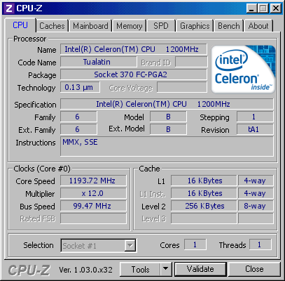 Intel Celeron @ 1193.72 MHz - CPU-Z VALIDATOR