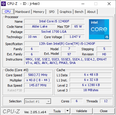 Intel Core i5 12400F @ 5802.72 MHz - CPU-Z VALIDATOR