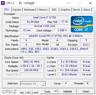 Intel Core i7 3770K @ 5002.41 MHz - CPU-Z VALIDATOR