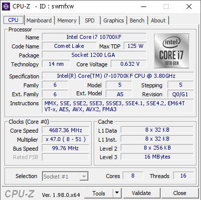Intel Core i7 10700KF @ 4687.36 MHz - CPU-Z VALIDATOR