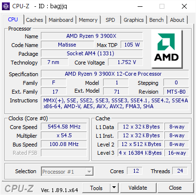 AMD Ryzen 9 3900X @ 5454.58 MHz - CPU-Z VALIDATOR