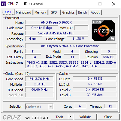 AMD Ryzen 5 9600X @ 5413.76 MHz - CPU-Z VALIDATOR