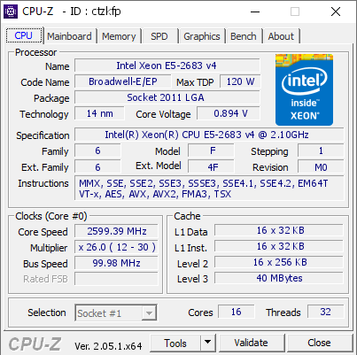 Intel Xeon E5-2683 v4 @ 2599.39 MHz - CPU-Z VALIDATOR