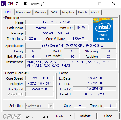 Intel Core i7 4770 @ 3699.14 MHz - CPU-Z VALIDATOR