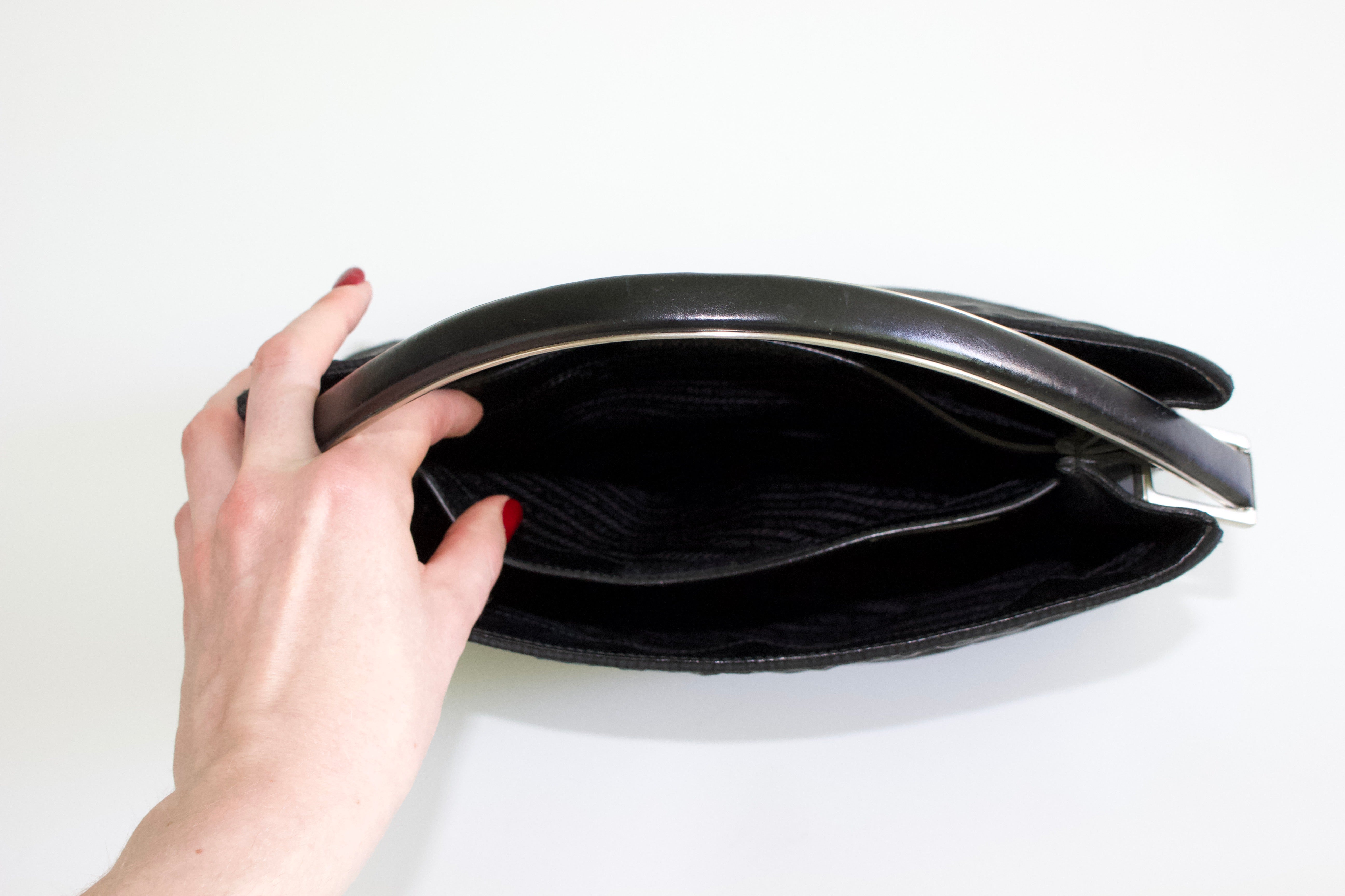 Prada FW 1998 black nylon shoulder bag with metal handle – Velvet