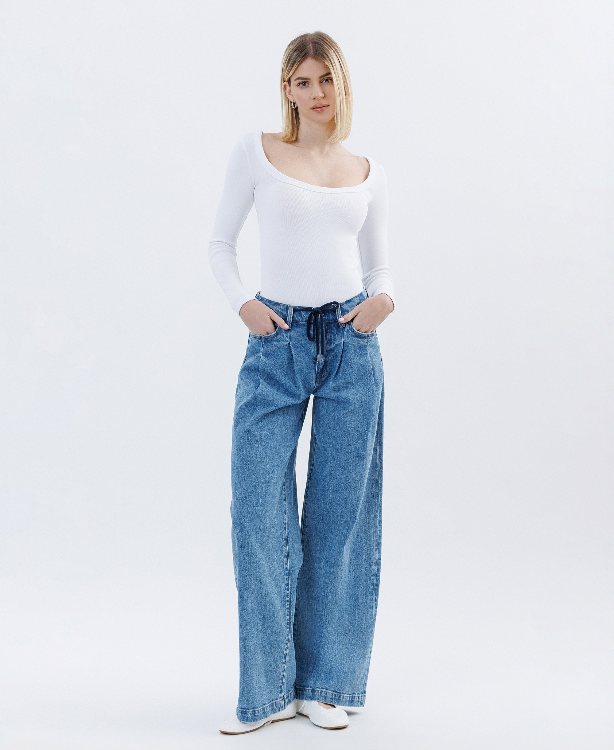 VERVET Unabashed Super High Rise Pleated Drawstring Wide Leg Jeans