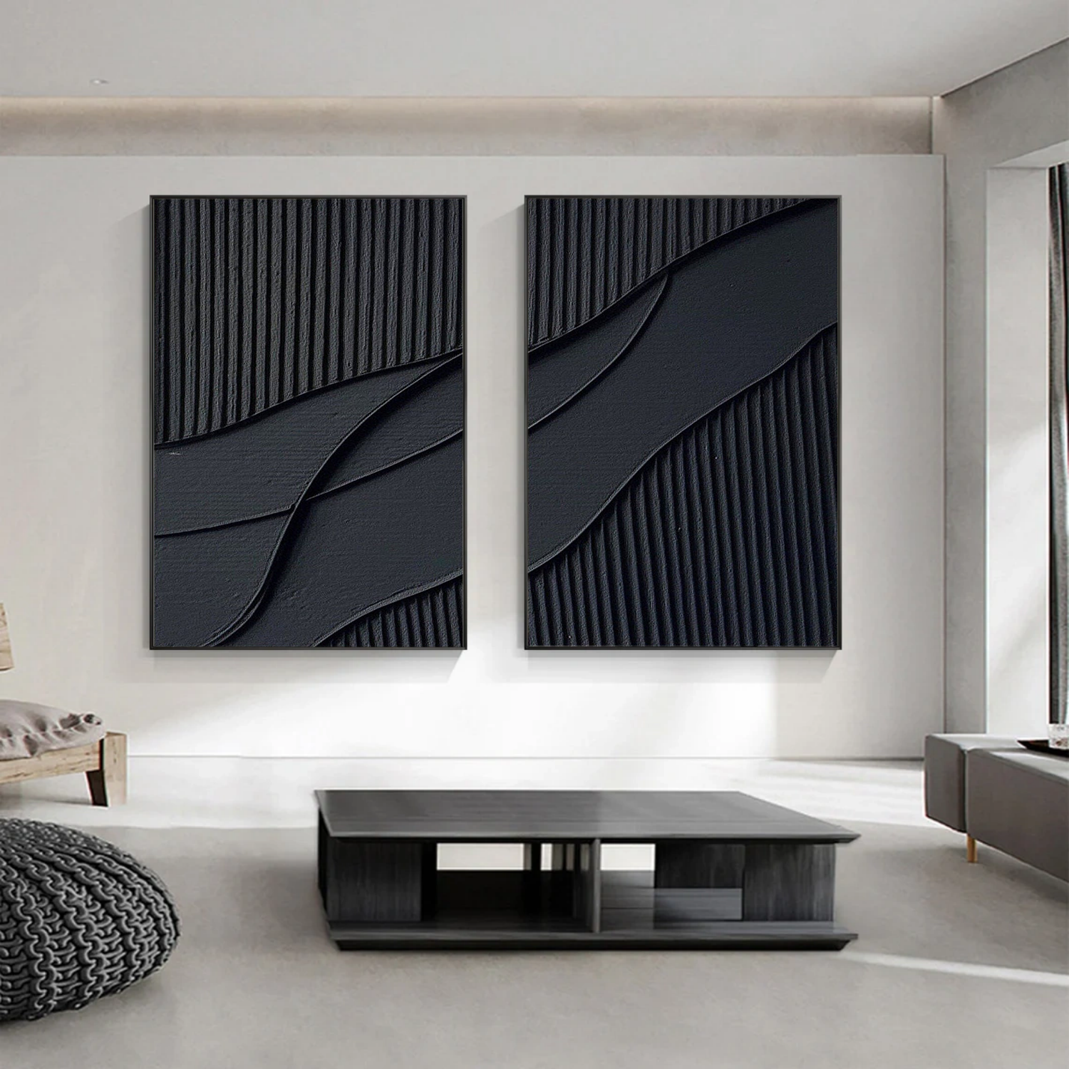 Set of 2 Minimalist Black Textured Original Painting Wall Decor #MZ043