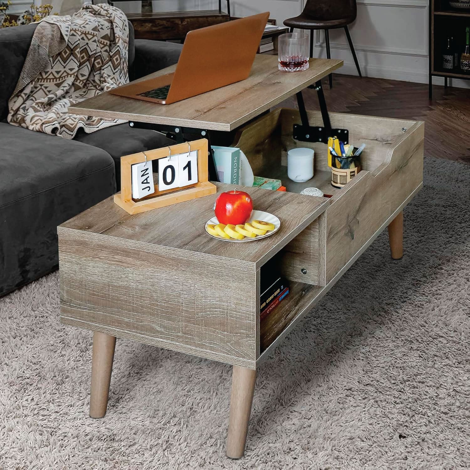 Lift-Top Coffee Table with Hidden Storage for Living Room