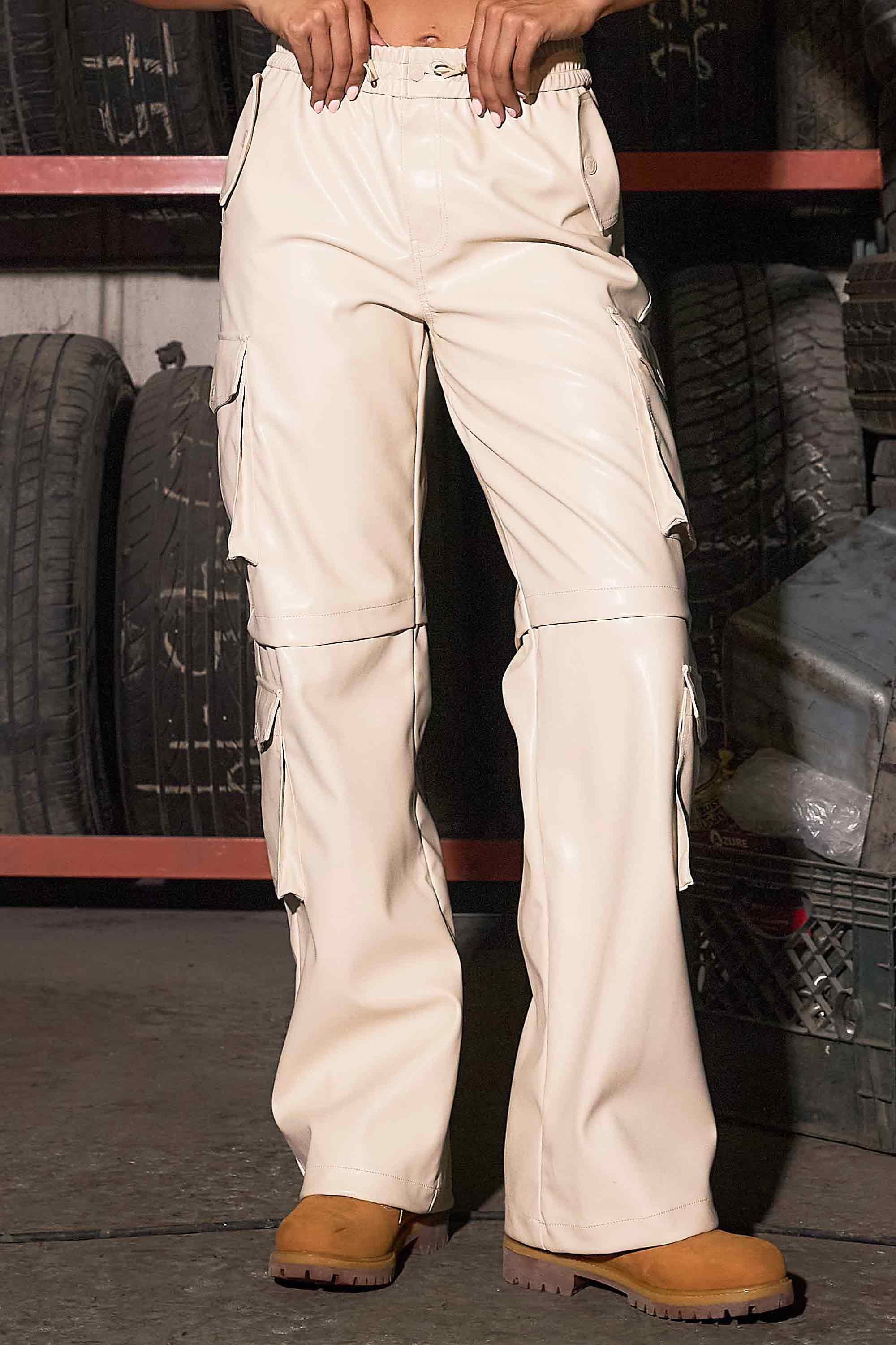 Vegan Leather Elastic Waist Band Baggy Cargo Pants – Vibrant miu