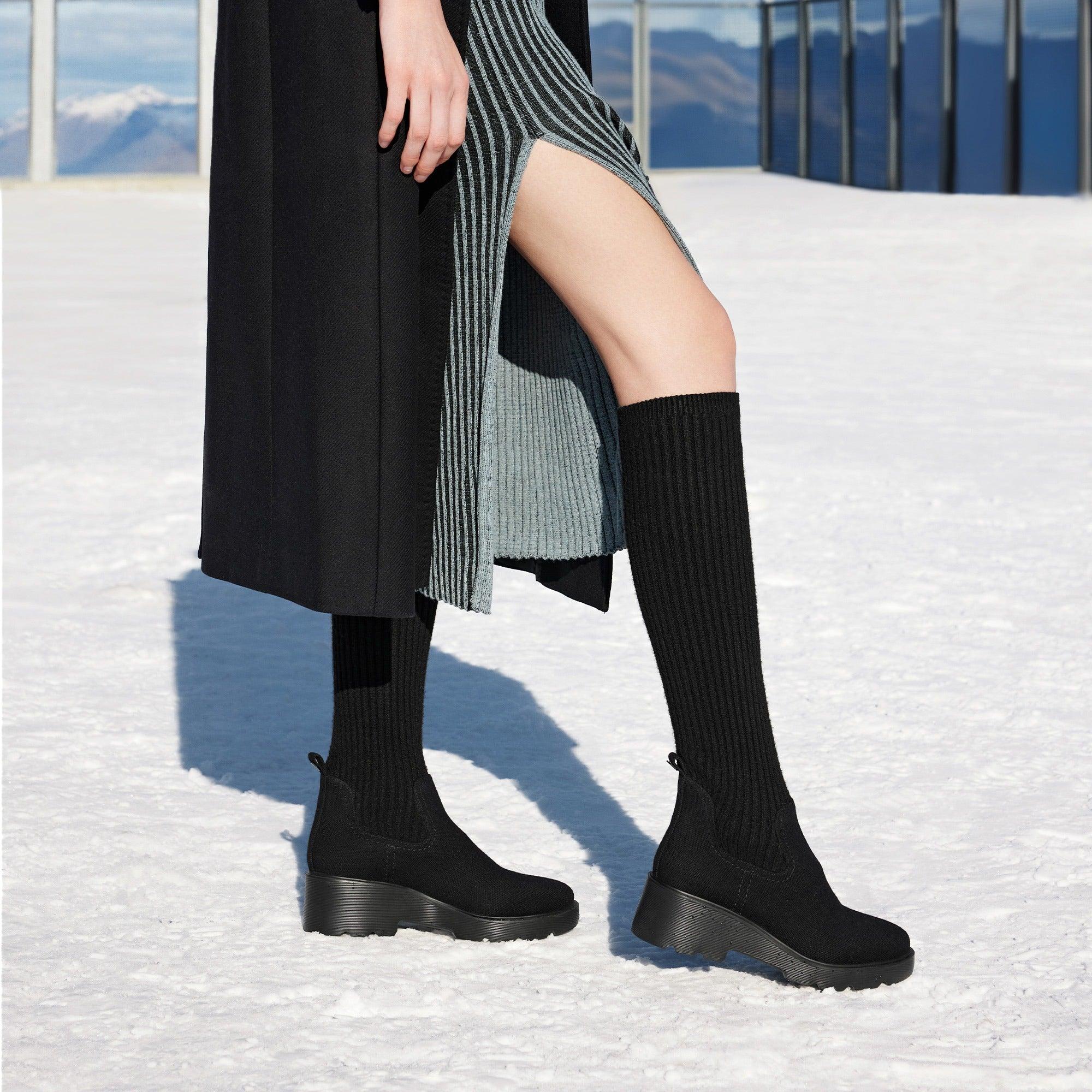 Eduarda] ラウンドトゥ 撥水加工 ニーハイ プラットフォーム チャン