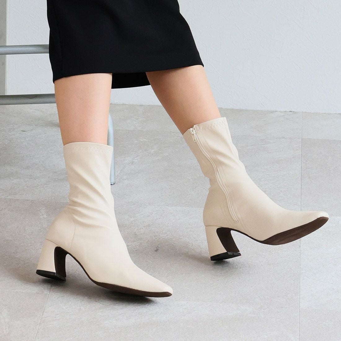 スクエアトゥチャンキーヒールストレッチミドルブーツ ｜靴