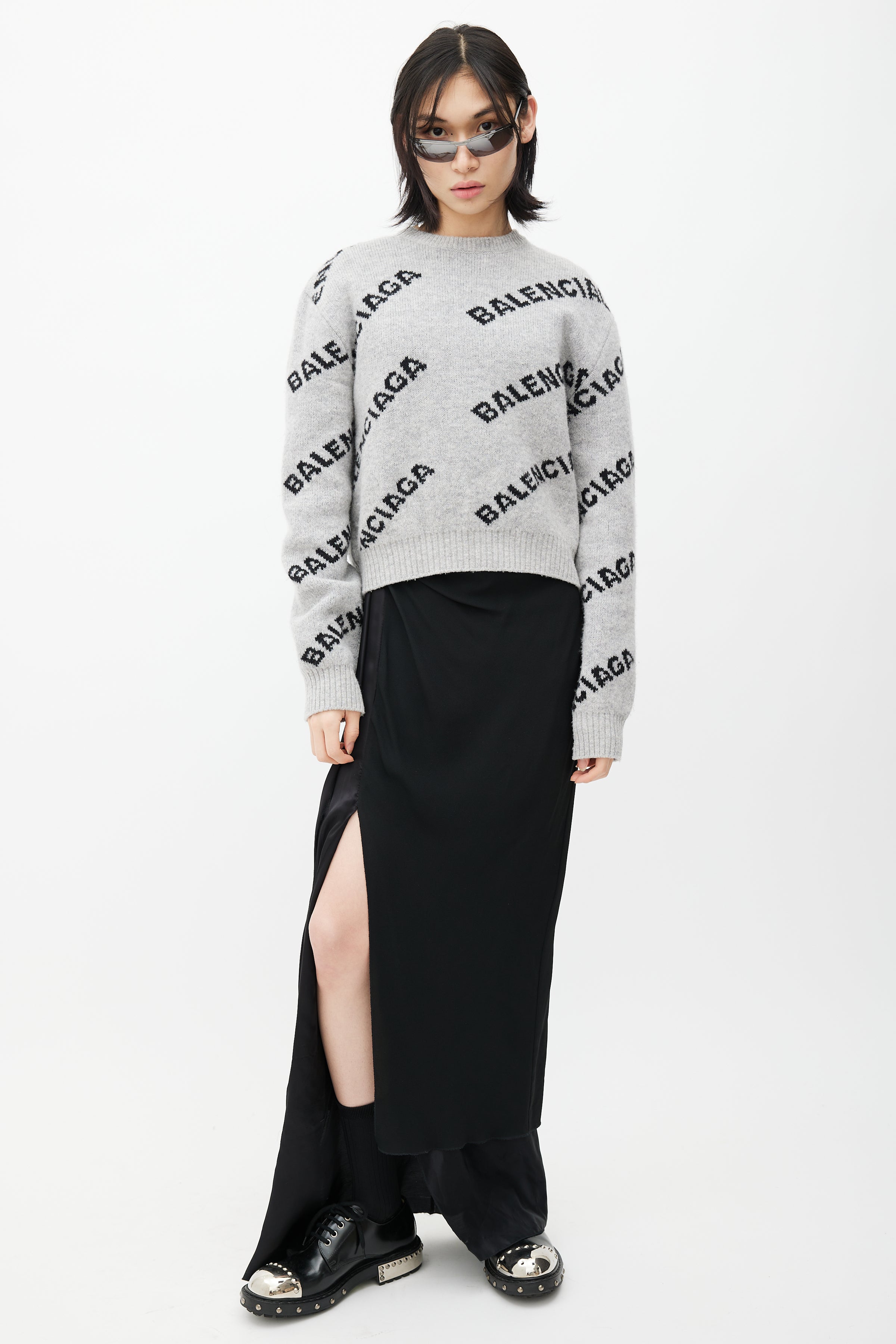 Balenciaga // Grey & Black Knit Allover Logo Cropped Sweater – VSP