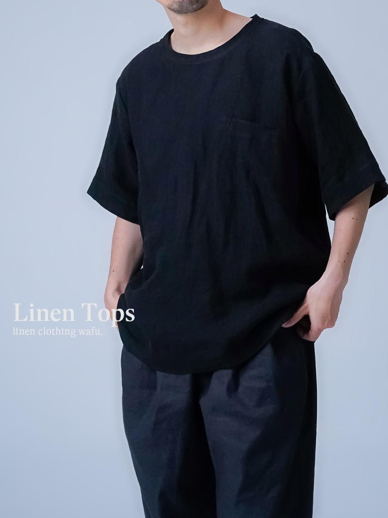 リネントップス】どのシーンも絵になる リネン梨地 胸ポケット ビッグT