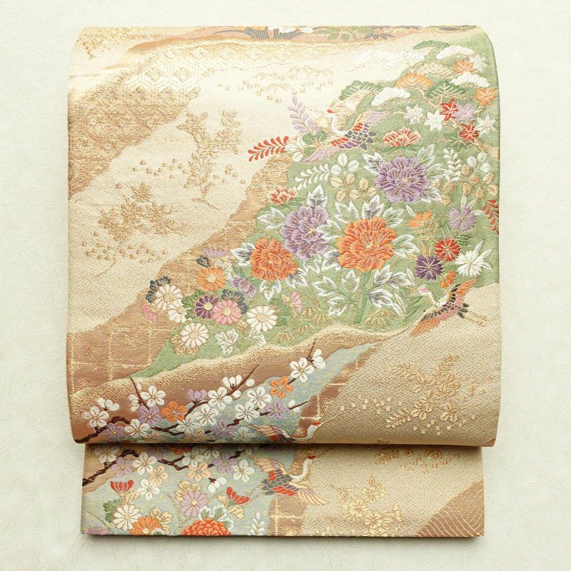 袋帯 本金二重箔 扇面花鳥 文六通柄 良品 フォーマル用 正絹 古典柄 箔