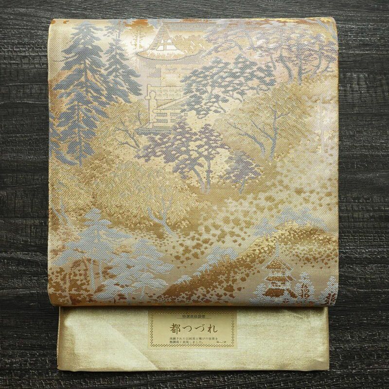 袋帯 六通柄 良品 フォーマル用 正絹 古典柄 箔 金糸 菊 波 帯 黒 | 六