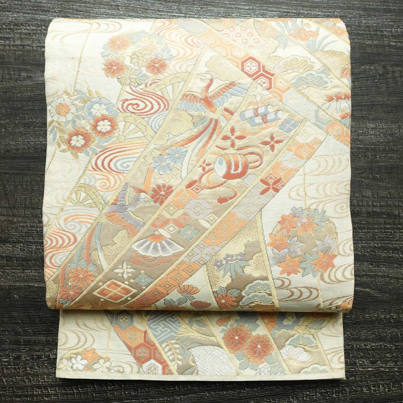 袋帯 六通柄 フォーマル用 正絹 菊 花柄 箔 帯 青・紺 | 六通柄 古着