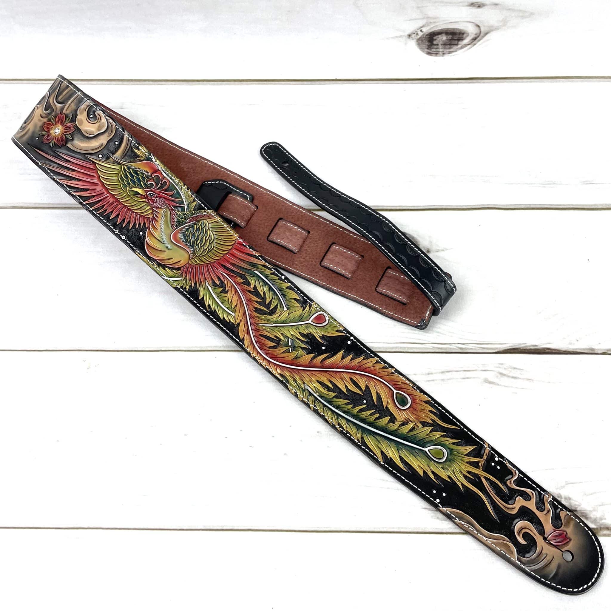 LC-61 100% Hand Carved Premium Black Leather Strap With Multicolor