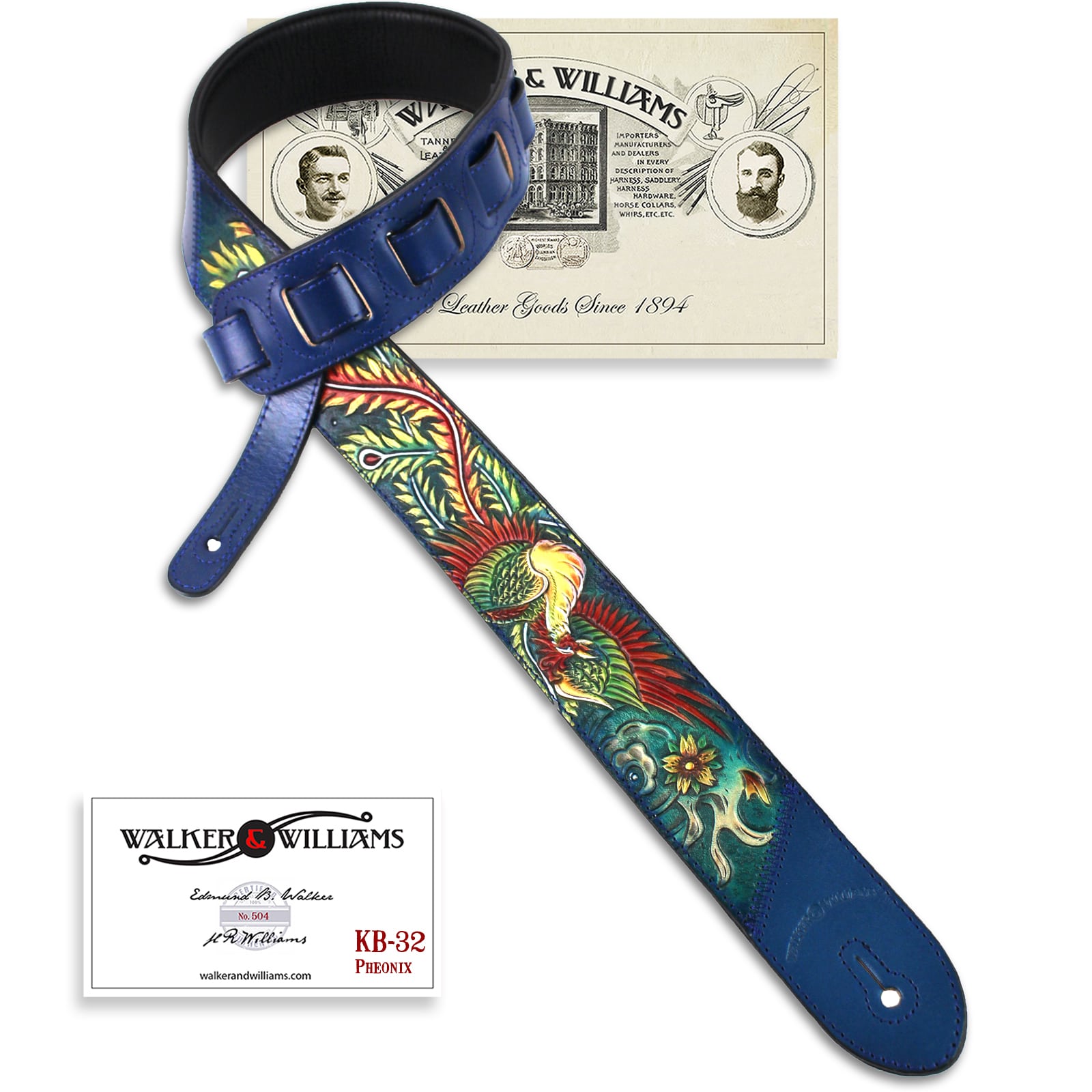 KB-32 Skinny Cobalt Blue Premium Grain Leather Strap w/Hand Tooled