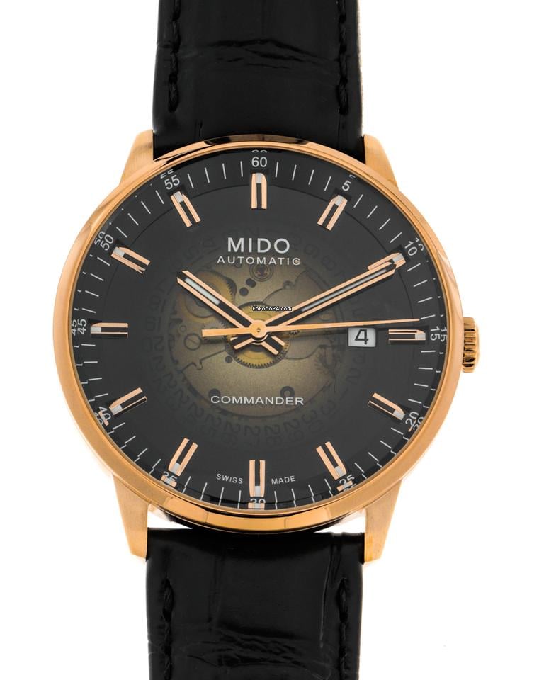 Mido Commander Automatic Black Dial Black Leather Strap Watch For Men