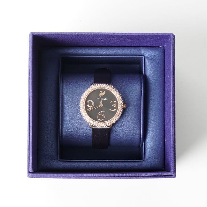 Swarovski Crystal Frost Black Dial Black Leather Strap Watch for Women